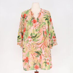 J.JILL Tropical Paradise Floral Tunic Dress Pink Green Bell Sleeve Size 1X